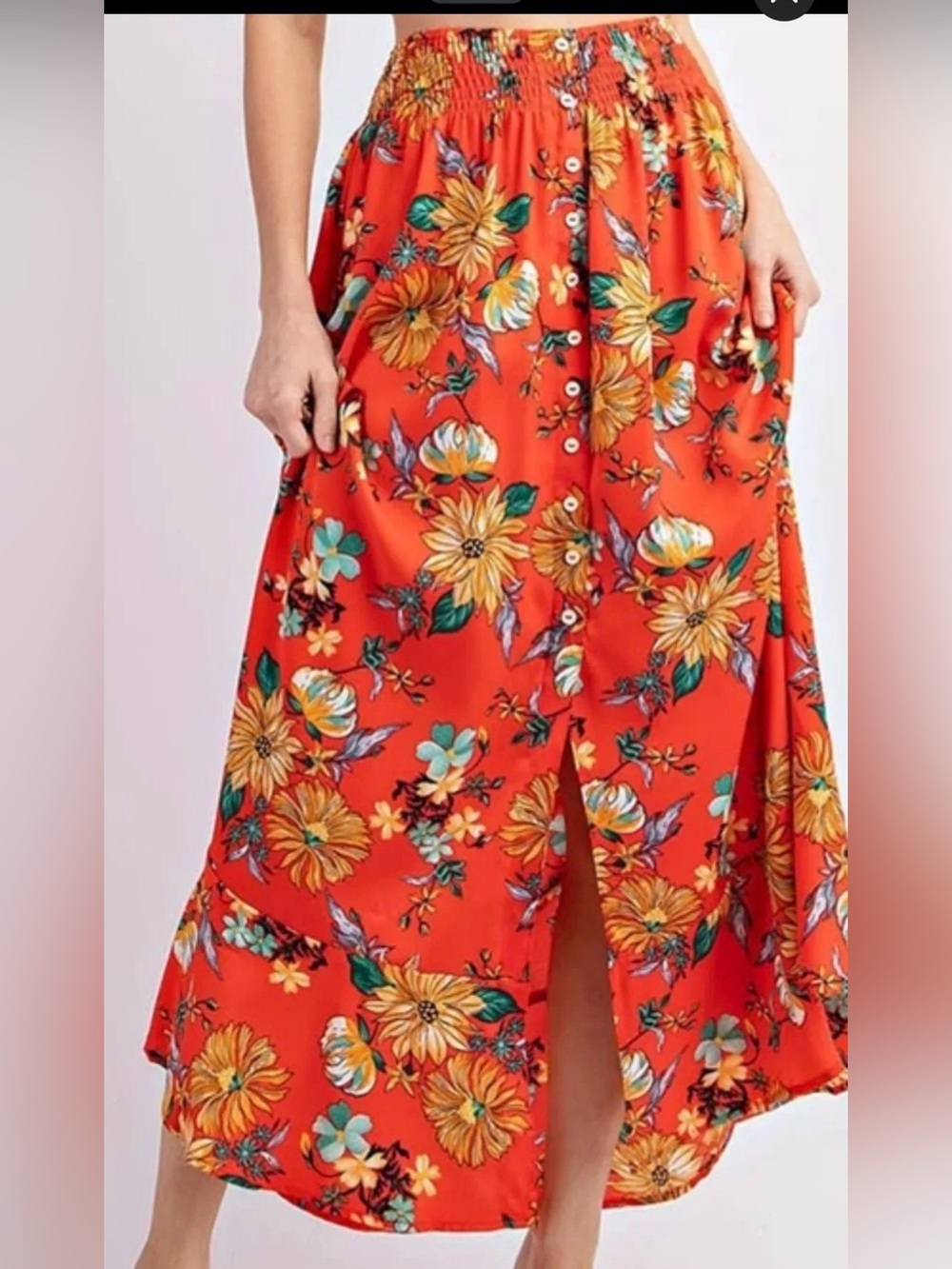 eesome Orange Maxi Skirt with White & Yellow Floral Print
